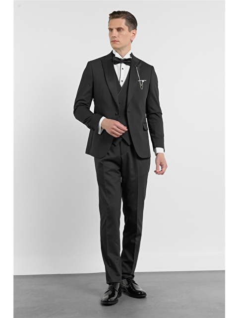 İMZA Siyah Kılıç Yaka Düz Desen 6 Drop Slim Fit Esnek Yelekli Takım Elbise 1001260293