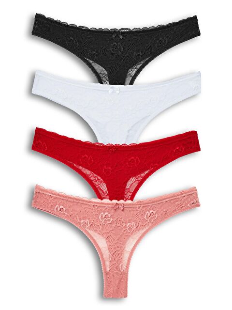 Hnx Pamuklu Önü Dantel Arkası Çift Kat Dikişsiz Tanga Kadın Külot 4'lü - S000133054-3457