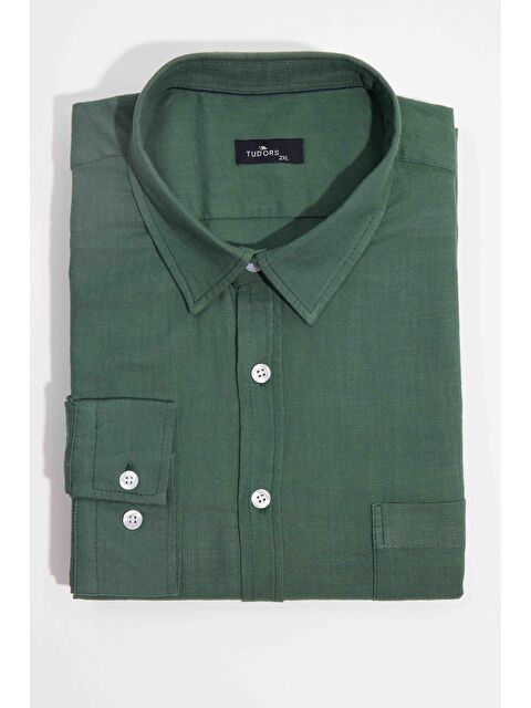 TUDORS Erkek Big Size Büyük Beden Uzun Kollu %100 Pamuk Keten Doku Tek Cepli Haki Düğmeli Yaka Gömlek