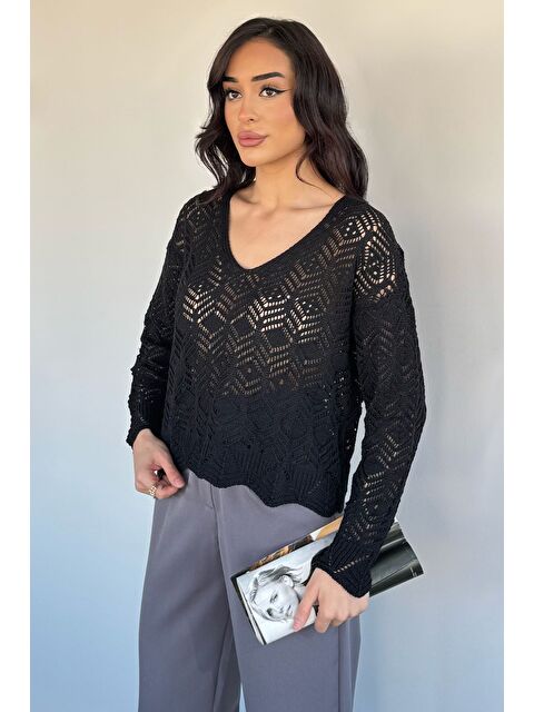 Gülseli Kadın V Yaka Ajurlu Triko Bluz - S000517474-19351