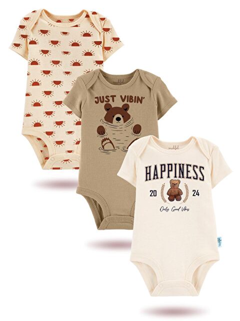 Mahfel 3'Lü Organik Baskılı Kısa Kollu Unisex Bebek Çıtçıtlı Body - S000177627-5402