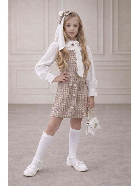 Riccotarz Kız Çocuk Göğsü ve Beli Fırfır Detaylı Boydan Düğmeli Kahverengi Şanel Elbise - S000504835-19413