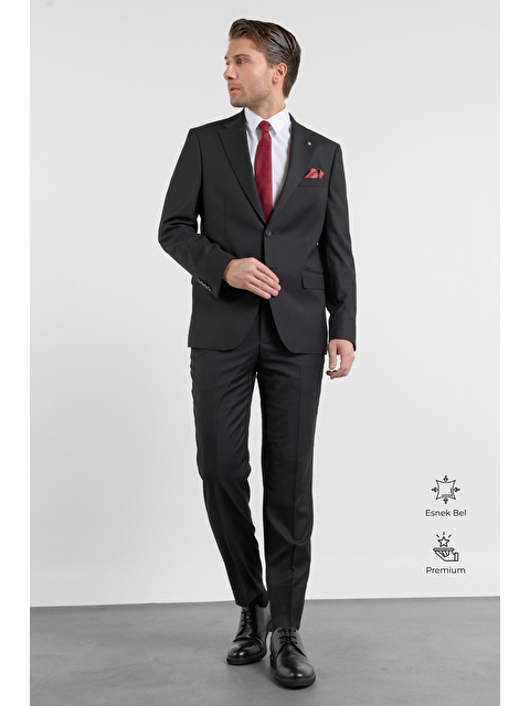 İMZA Siyah Mono Yaka Düz Desen 6 Drop Comfort Fit Esnek Bel Takım Elbise 1001260151