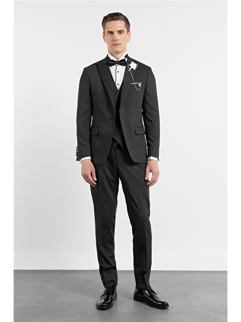 İMZA Siyah Kılıç Yaka Düz Desen 6 Drop Slim Fit Esnek Yelekli Takım Elbise 1001260290