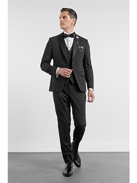 İMZA Siyah Mono Yaka Düz Desen 6 Drop Slim Fit Esnek Takım Elbise 1001260201