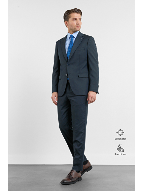 İMZA Koyu Lacivert Mono Yaka Düz Desen 6 Drop Comfort Fit Esnek Bel Takım Elbise 1001260152