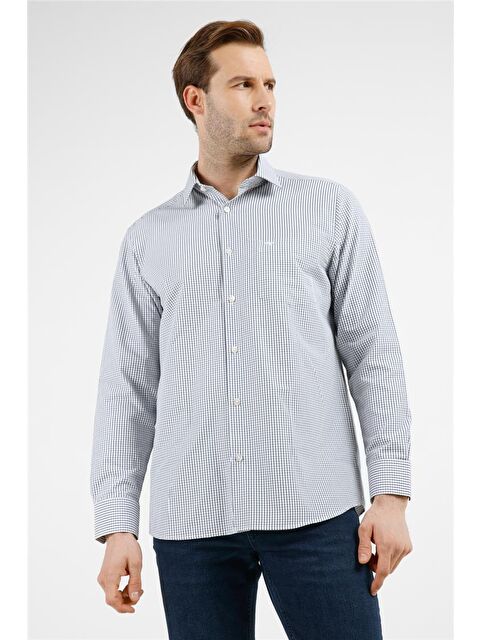 İMZA Beyaz - Siyah Kareli Desen Sert Yaka Uzun Kol Cepli Comfort Fit Pamuklu Gömlek 1004255209 - S000505537-37246