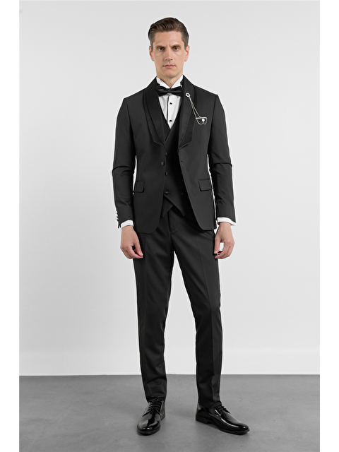 İMZA Siyah Kılıç Yaka Düz Desen 6 Drop Slim Fit Esnek Takım Elbise 1001260292