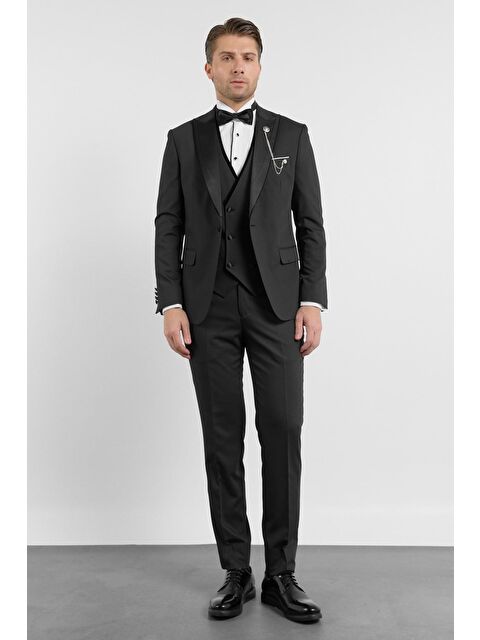 İMZA Siyah Kılıç Yaka Düz Desen 6 Drop Slim Fit Esnek Yelekli Takım Elbise 1001260287