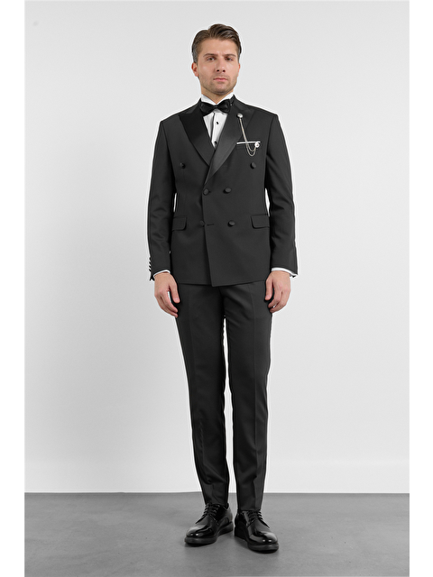 İMZA Siyah Kılıç Yaka Düz Desen 6 Drop Slim Fit Esnek Takım Elbise 1001260203