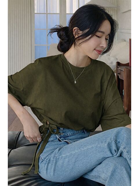 Tarz Cool Kadın Oversize Basic Haki Tişört Yan Bağlamalı Rahat Kesim Günlük Yazlık T-Shirt