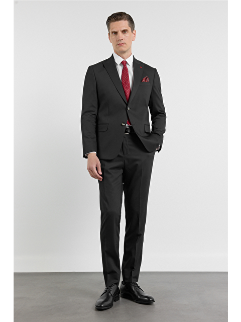 İMZA Siyah Kılıç Yaka Kendinden Desenli 6 Drop Slim Fit Esnek Takım Elbise 1001260160