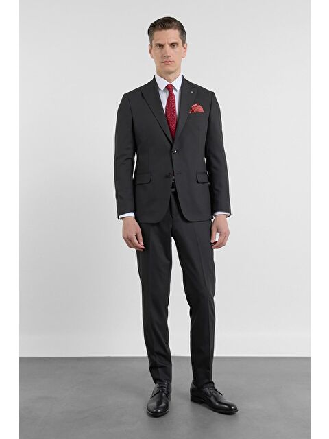 İMZA Siyah Kılıç Yaka Kendinden Desenli 6 Drop Slim Fit Esnek Takım Elbise 1001260158