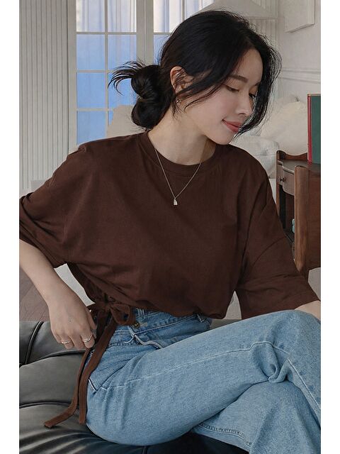 Tarz Cool Kadın Oversize Basic Haki Tişört Yan Bağlamalı Rahat Kesim Günlük Yazlık T-Shirt