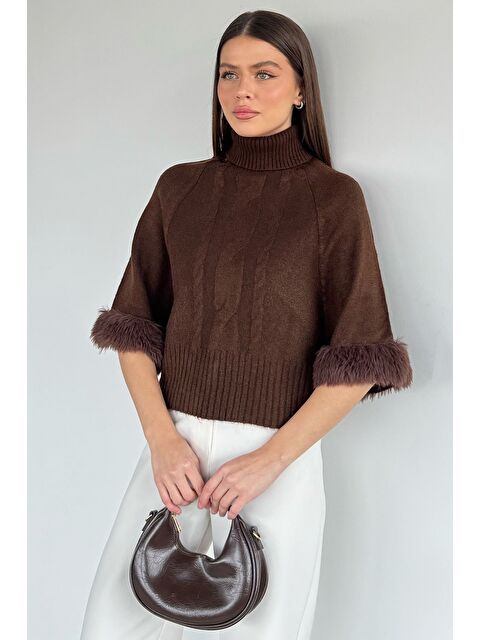 Gülseli Kadın Balıkçı Yaka Kol Pelüş Detaylı Triko Bluz - S000517478-19413