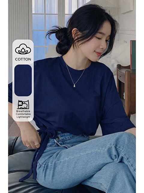 Tarz Cool Kadın Oversize Basic Haki Tişört Yan Bağlamalı Rahat Kesim Günlük Yazlık T-Shirt