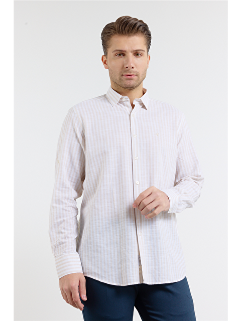 İMZA Bej Kısalabilir Kol Cepsiz Pamuk Casual Comfort Fit Gömlek 1004250128