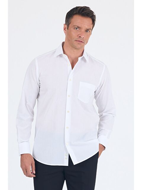 İMZA Beyaz Klasik Yaka Uzun Kol Cepli Comfort Fit Basic Pamuklu Gömlek 1004255002