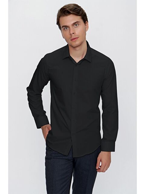 İMZA Siyah Klasik Yaka Uzun Kol Cepsiz Slim Fit Basic Pamuklu Gömlek 1004255057