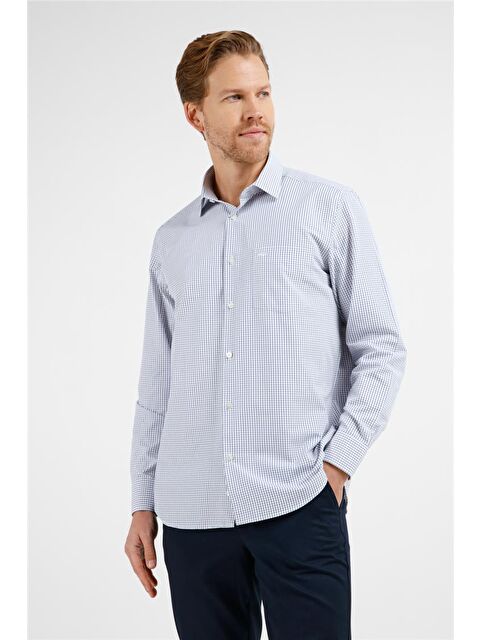 İMZA Beyaz - Lacivert Kareli Desen Sert Yaka Uzun Kol Cepli Comfort Fit Pamuklu Gömlek 1004255209 - S000505537-37494