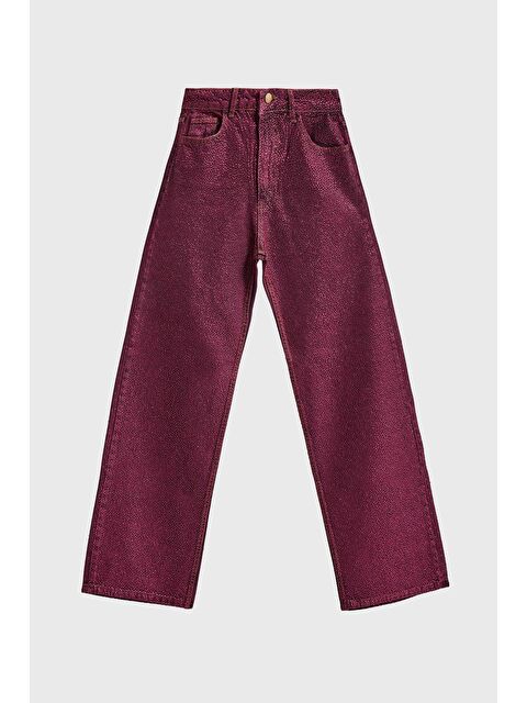 It's Basic Kadın Bordo Renk T3-20w5-98 Straight Fit Yüksek Bel Ön ve Arka Parlak Taşlı Özel Tasarım Denim Jean - S000488895-19951