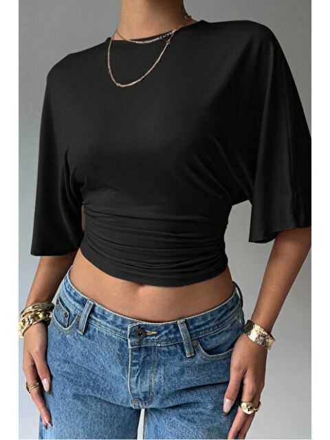 Tarz Cool Kadın Crop Bluz Yarım Kol Salaş Fit Yüksek Bel Büzgülü Basic Tişört