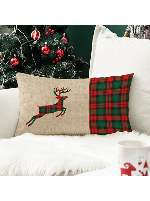 Evmila Yılbaşı Temalı Geyik Desenli Kadife Kırlent Kılıfı 35x55 cm - S000285280-23173