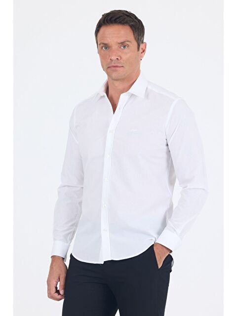 İMZA Beyaz Klasik Yaka Uzun Kol Cepsiz Slim Fit Basic Pamuklu Gömlek 1004255008