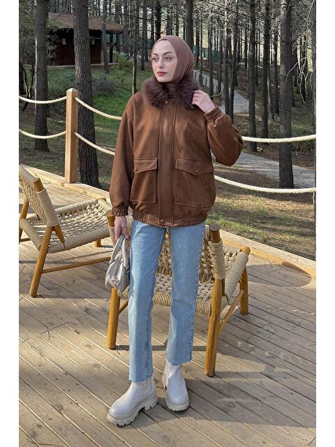 Lamelif Kürk Yaka Cepli Mont Kahverengi - S000518102-19413