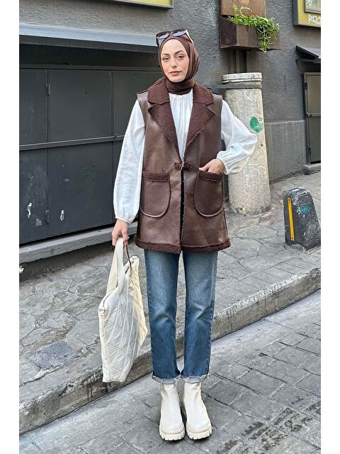 Lamelif Garnili İçi Kürk Detaylı Deri Yelek Kahverengi - S000519231-19413