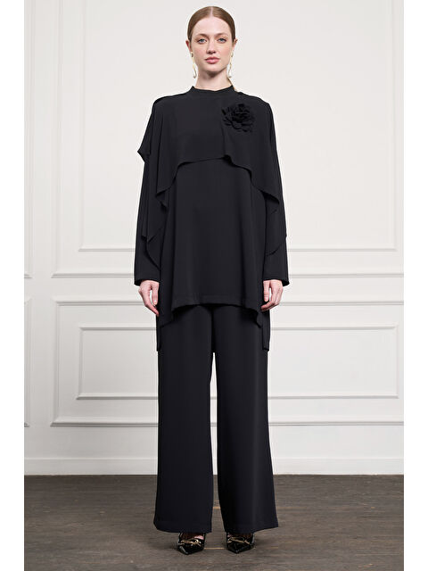 Nuss Tül ve Gül Aksesuar Detaylı Pantolonlu Takım 1058 Siyah - S000386128-19351
