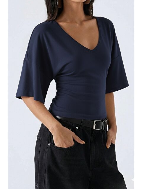 Tarz Cool Kadın Yarasa Kol V Yaka Elastanlı Bluz & Tişört