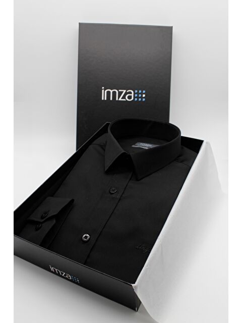İMZA Siyah Sert Yaka Cepsiz Slim Fit Classic Pamuklu Gömlek 1004255324