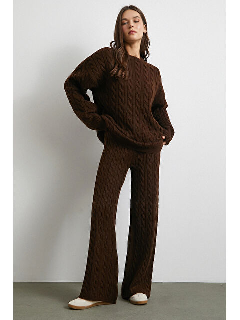 Never More Desenli Şardonlu Triko Takım Kahve - S000464559-23173