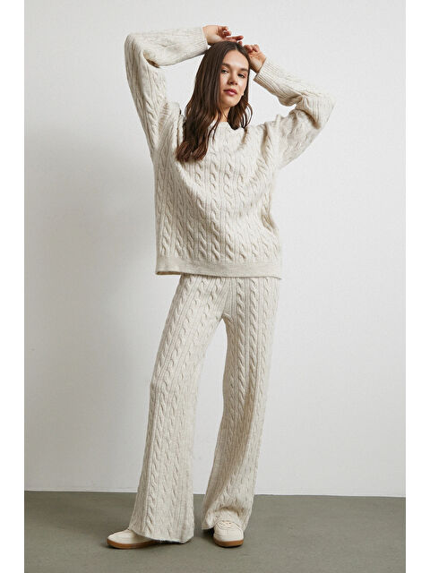 Never More Desenli Şardonlu Triko Takım Ekru - S000464559-19965
