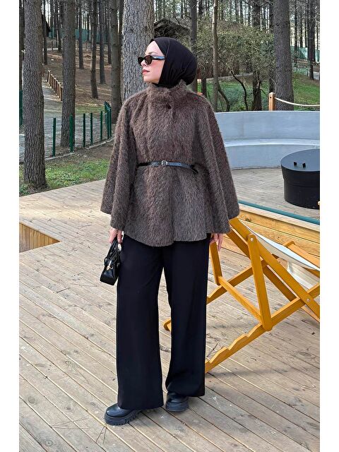 Lamelif Düğmeli Kemerli Panço Acı Kahverengi - S000519236-28102