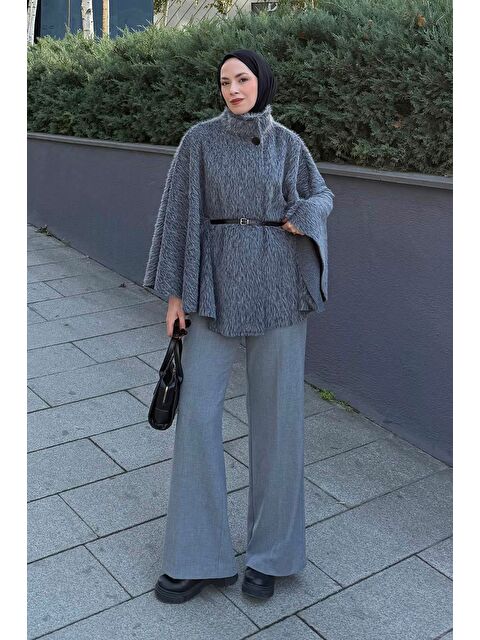 Lamelif Düğmeli Kemerli Panço Gri - S000519236-20600