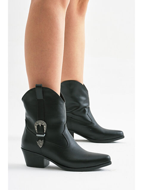 TONNY BLACK Kadın Siyah Cilt Termo Taban Tokalı Sivri Burunlu Western Kovboy Bot - S000493819-14430