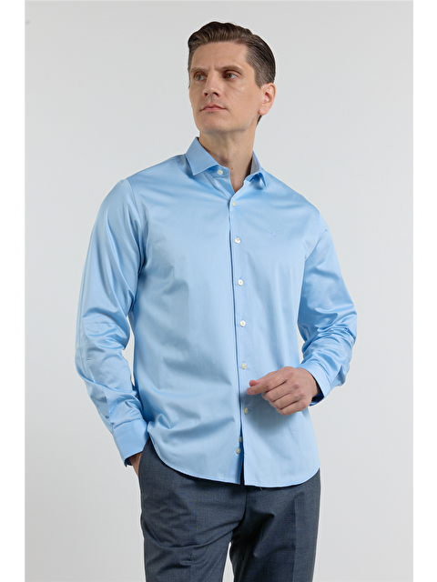 İMZA Mavi Yarım İtalyan Yaka Saten Uzun Kol Premium Slim Fit %100 Pamuk Gömlek 1004255195