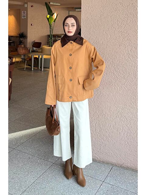 Lamelif Yaka Detaylı Düğmeli Gabardin Ceket Taba - S000518116-14955