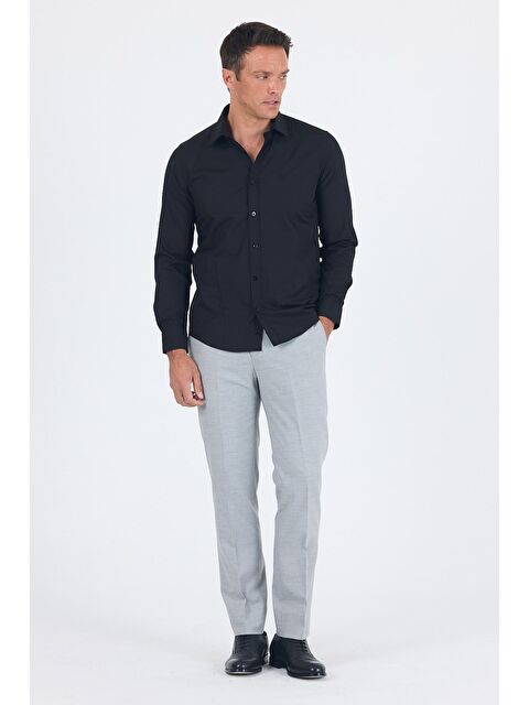 İMZA Siyah Uzun Kol Sert Yaka Düz Pamuklu Slim Fit Gömlek 1004260057