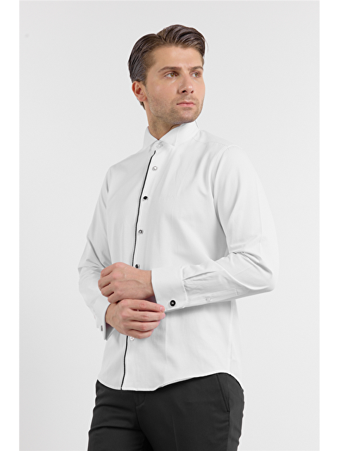 İMZA Beyaz Uzun Kol Ata Yaka Düz Pamuklu Slim Fit Gömlek 1004260215