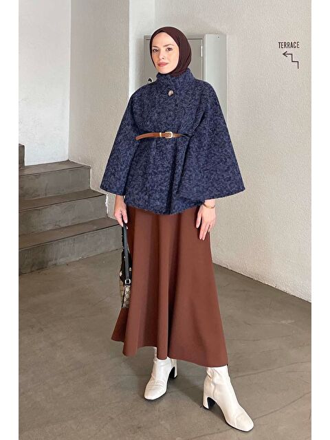 Lamelif Hakim Yaka Kemer Detaylı Kaşe Panço Lacivert - S000519239-21164