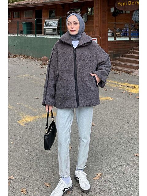 Lamelif Biye Detaylı Tedy Pelüş Mont Füme - S000518092-33408