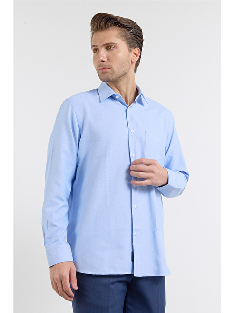 İMZA Mavi Sert Yaka Uzun Kol Cepli Comfort Fit Pamuklu Gömlek 1004255285