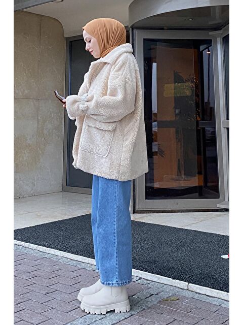 Lamelif Kol Detaylı Fermuarlı Teddy Mont Taş - S000518091-25636