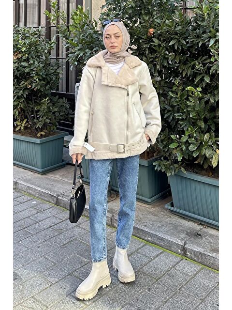 Lamelif Kürk Detaylı Süet Mont Taş