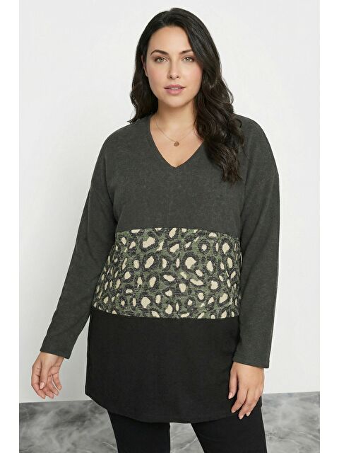 Stil Diva Büyük Beden Renk Bloklu Leopar Desenli Yumoş Kazak 303863 - S000501749-20600