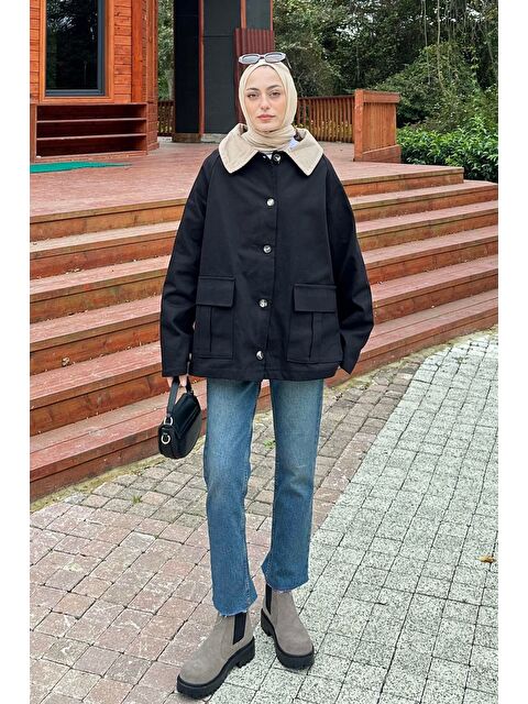 Lamelif Yaka Detaylı Düğmeli Gabardin Ceket Siyah - S000518116-19351