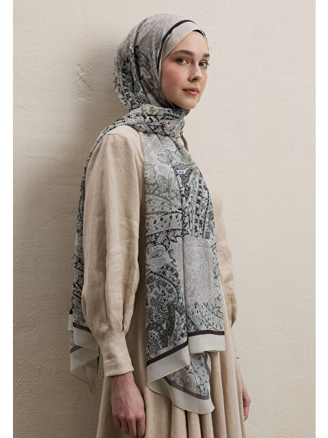 Fresh Scarfs Paısley Patch Desen İpek Krep Şal Vizon - S000420379-19928